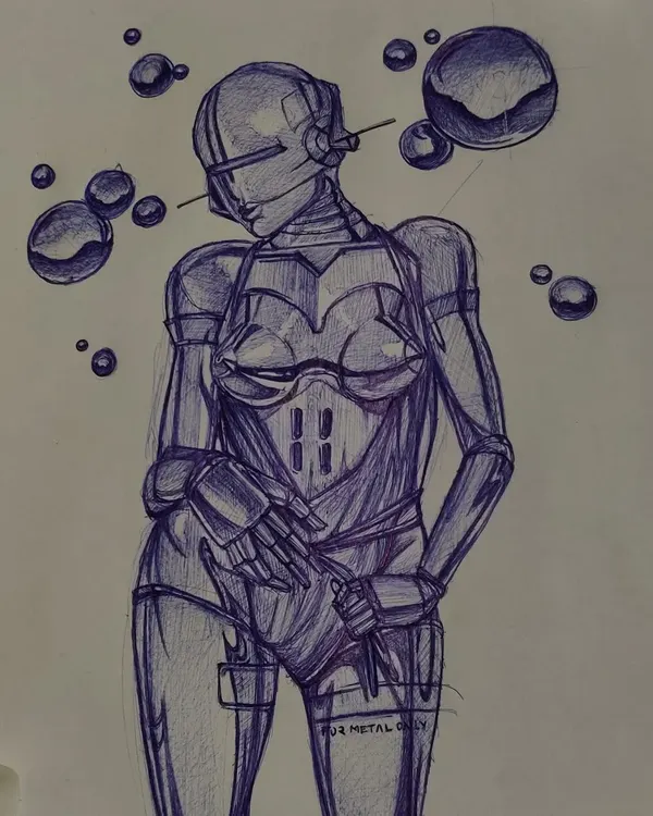 A complete ballpoint pen drawing of a cyborg character. I use cross-hatching and layering to create metallic textures and reflective surfaces, even with a simple pen.