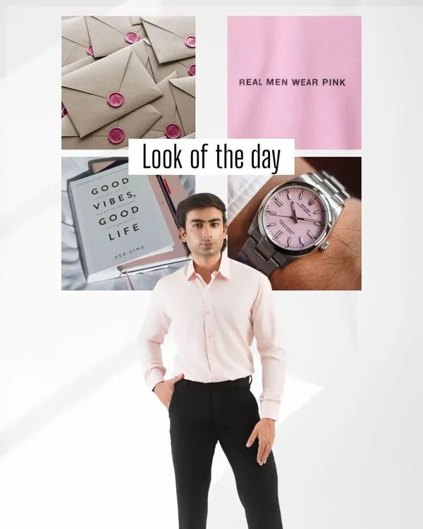 This look is built around a custom-made pink cotton shirt. Paired with classic black trousers, it proves that real men can confidently wear pink. I focus on getting the fit just right so you feel comfortable and stylish, whether you're in the office or out with friends.