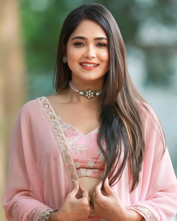 Actress Mokshitha Pai looking radiant in our custom pink lehenga set for her Bigg Boss Kannada 11 announcement. We wish her all the best!