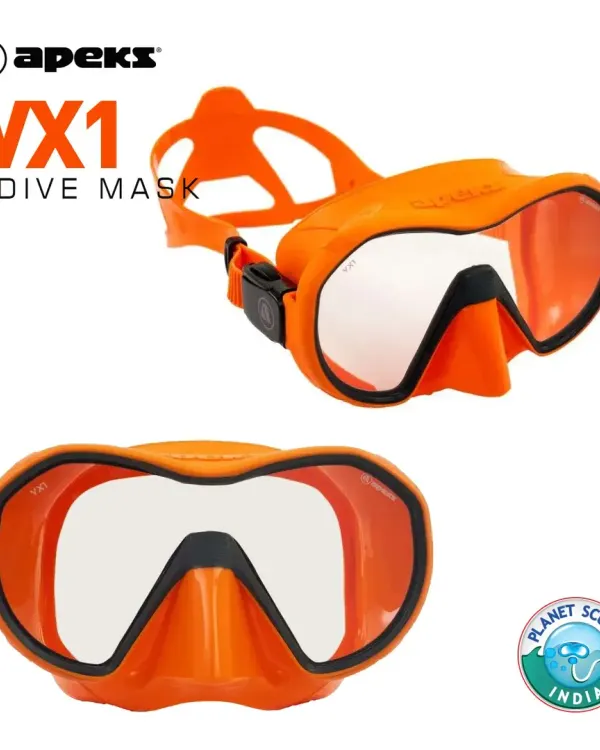 The Apeks VX1 Dive Mask in a vibrant orange. This frameless, low-volume mask is lightweight and easy to clear, offering exceptional comfort and a wide field of vision for recreational and technical diving.