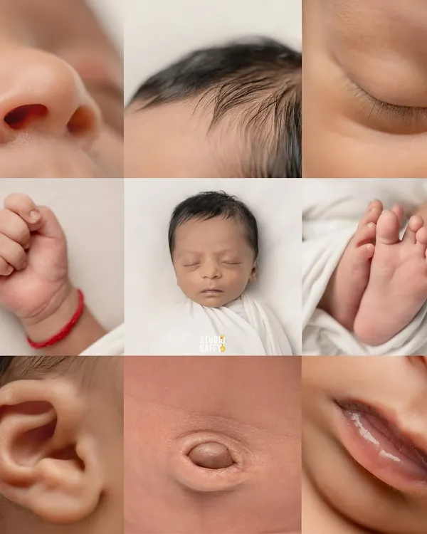 A collage of all the tiny, perfect details. From delicate eyelashes and wispy hair to tiny fingers and toes, these are the features you'll want to remember forever.