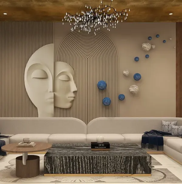 This living room from a Noida penthouse project is a masterclass in artistic expression. I designed the space around a striking custom face sculpture wall, complemented by a gold-leaf ceiling and a dramatic chandelier to create an atmosphere of pure opulence and creative energy.