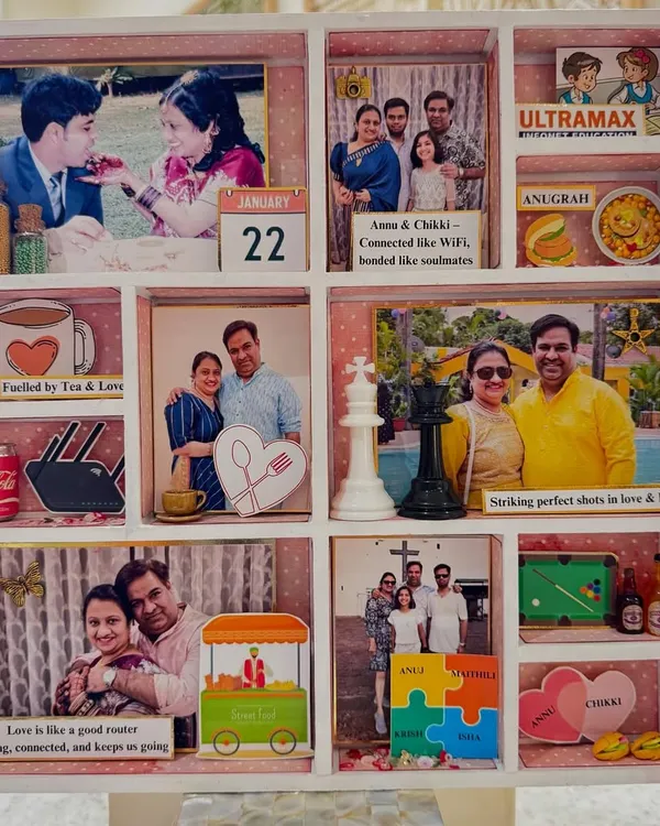 A 20-year love story, told through tiny, meaningful details. This personalized shadow box frame captures the couple's journey, from where they met to their shared hobbies.