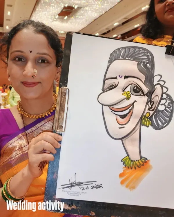 A guest at a traditional wedding function proudly shows off her caricature. My drawings capture the festive spirit and attire, making them a perfect fit for cultural celebrations.
