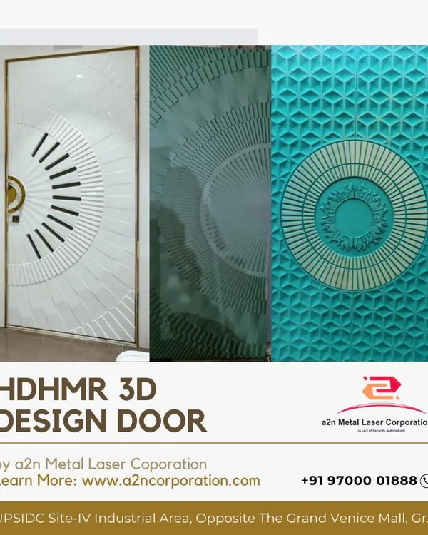 A collage of HDHMR 3D design doors in various colors and patterns. These doors feature bold, geometric, and radial carvings that add texture and a futuristic feel to any entrance.