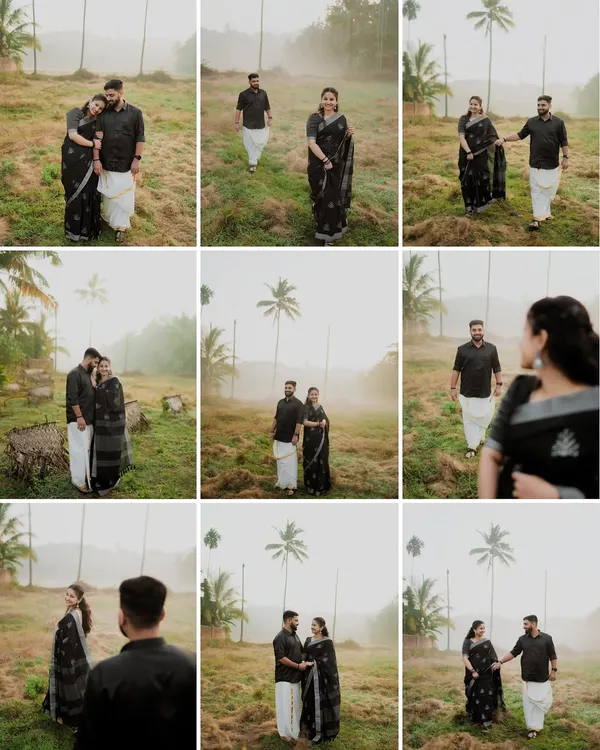 A collage showcasing a variety of poses and interactions from a single pre-wedding shoot in a misty field, perfect for an album spread.