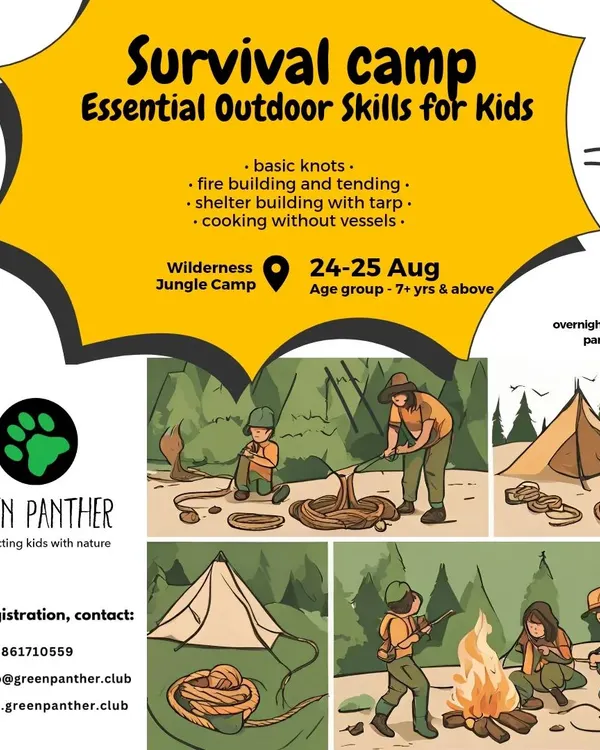 Our Survival Camp poster, detailing the essential outdoor skills kids and parents can learn together, from fire building to shelter construction.