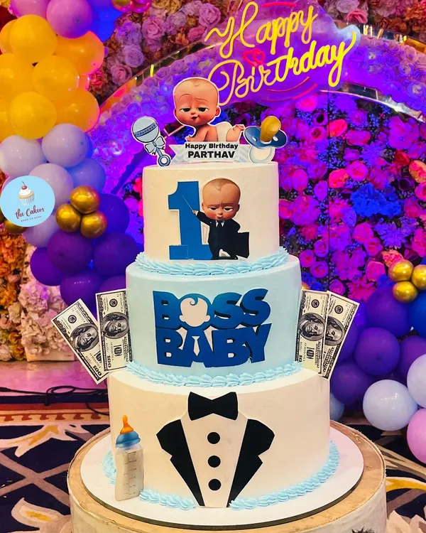 This grand three-tiered Boss Baby themed cake was the centerpiece for a spectacular first birthday party. It features multiple fondant characters, edible money, and a sharp tuxedo design, showcasing my ability to create large, detailed, and fun designer cakes for kids.