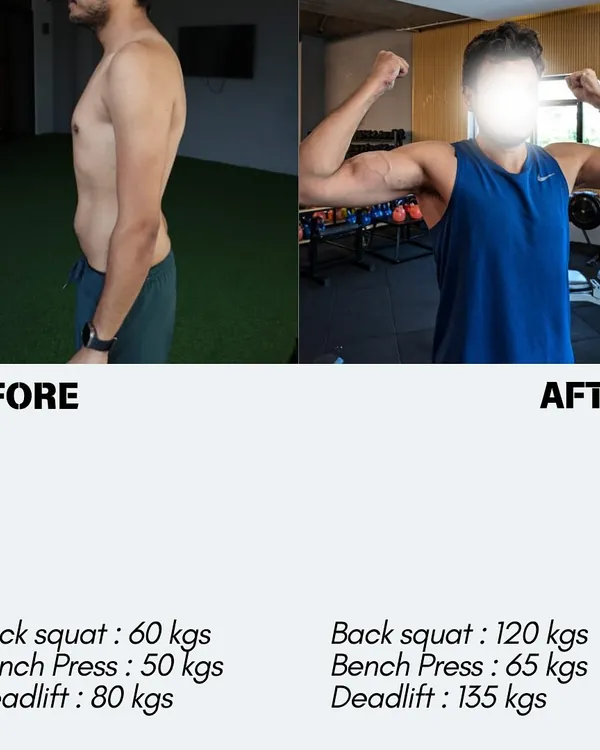 Progress isn't just about losing weight; it's about getting stronger. This member doubled their back squat, significantly increased their bench press, and added 55 kgs to their deadlift. This is what structured strength training can do.