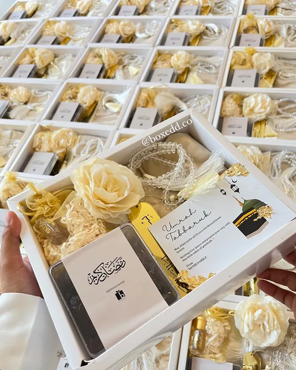 I am officially open for Hajj and Umrah return gift orders. This beautiful box includes a prayer mat, Tasbeeh, and other thoughtful items to share the blessings of your pilgrimage.