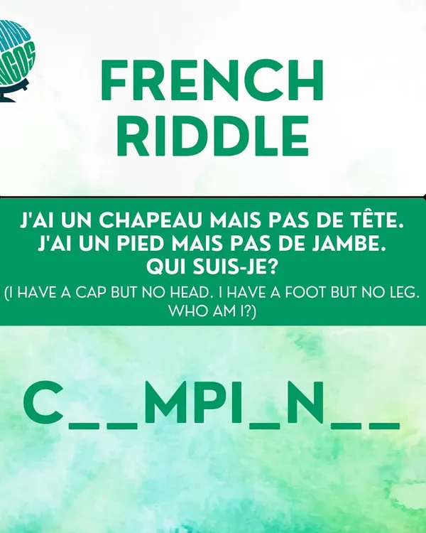 Let's solve a French riddle. 'I have a cap but no head. I have a foot but no leg. Who am I?' Fill in the blanks to guess the answer.