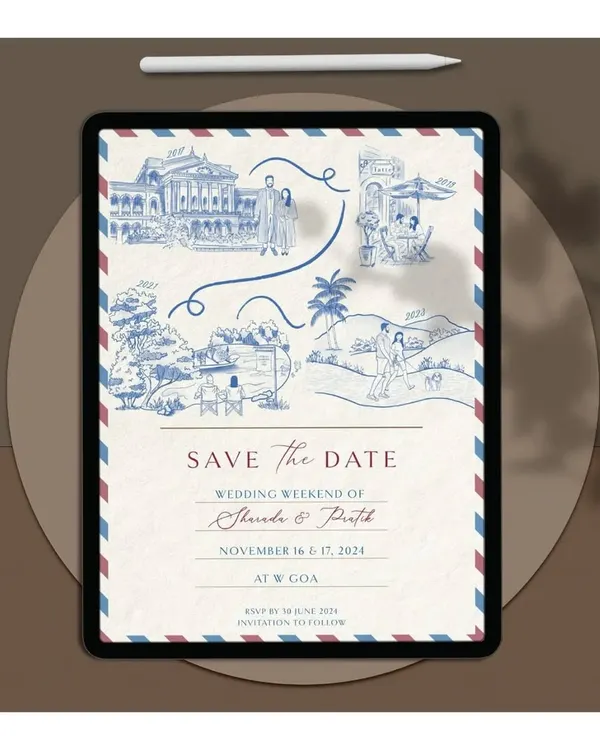 This save the date tells a sweet love story through a series of custom illustrations. Presented as a vintage airmail postcard, it maps out key moments in the couple's relationship, leading up to their wedding weekend in Goa.