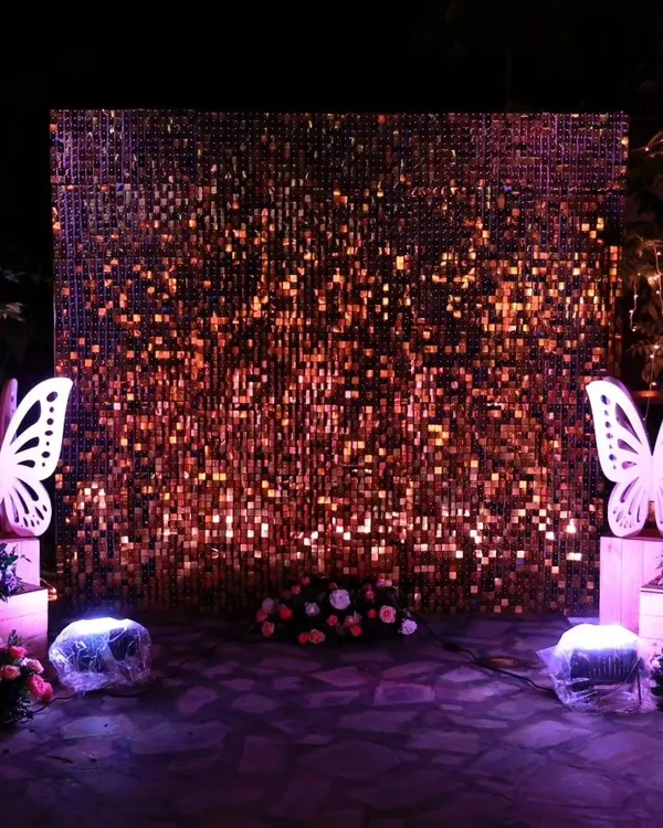 A shimmering sequin wall that creates a dynamic and glamorous photo backdrop. For this event, I added large, illuminated butterfly cutouts and floral boxes to frame the space, making it perfect for an evening party.