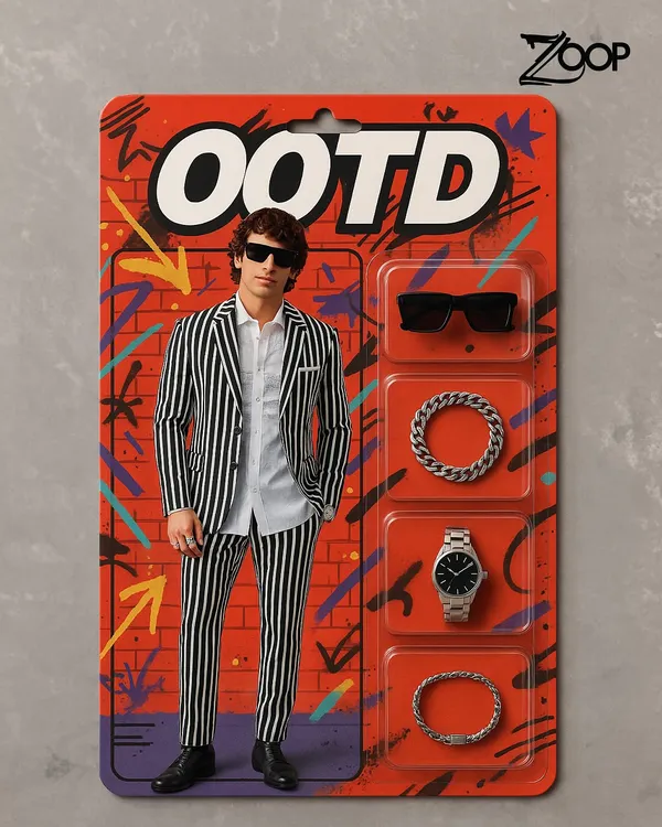 Your personality, boxed and ready. This creative graphic showcases a complete outfit of the day, featuring my black and white striped suit, perfect for the man who is playful with his style.