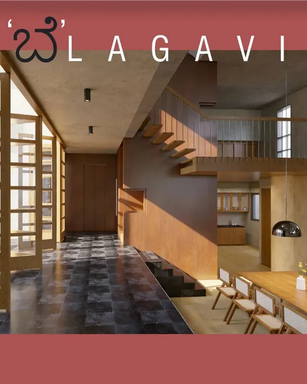 A 3D visualization of the 'Belagavi Home' concept, showing the split-level design that creates visual connections between the dining area and upper floors. The use of locally sourced Basalt stone flooring adds a rugged, earthy quality.
