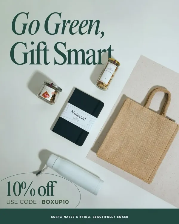 Go green, gift smart. This sustainable hamper includes a reusable jute bag, a notepad, a water bottle, and healthy snacks, offering a beautifully boxed and eco-conscious gift.
