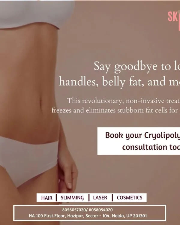 Say goodbye to love handles and stubborn belly fat for good. This image introduces our Cryolipolysis treatment, a revolutionary non-invasive method that freezes and permanently eliminates fat cells from targeted areas.