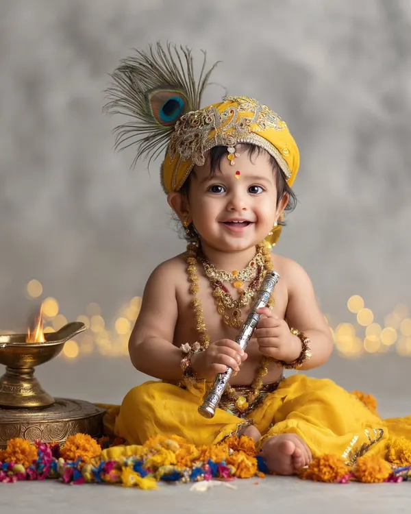 This is the magic I love to create. We transform my studio into a divine setting to capture the innocent spirit of Little Krishna. Every detail, from the soft lighting that creates a gentle glow to the traditional props like the flute and peacock feather, is chosen to craft a portrait that feels both timeless and full of life.