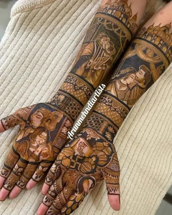 Your entire family's love story can be part of your bridal henna. This full coverage design features multiple couple and family portraits, capturing precious moments from the forearm down to the palm.