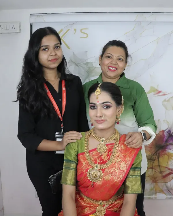 A proud moment with my student and her model. After completing a South Indian bridal look, we take time to appreciate the beautiful work and capture it for her portfolio.