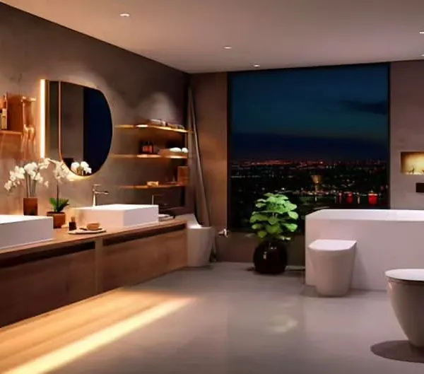 This expansive bathroom offers a stunning panoramic city view from the bathtub. The design features dual sinks on a long wooden vanity, backlit circular mirrors, and warm, ambient lighting to create a luxurious, hotel-like feel.