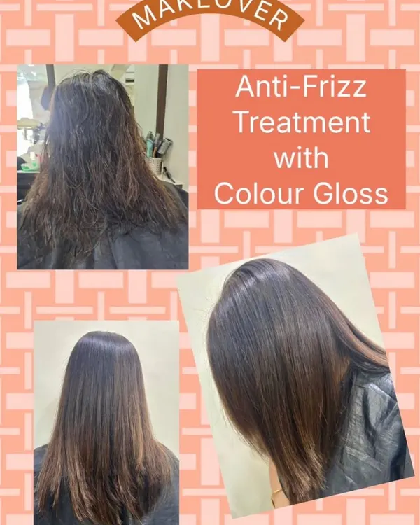 This makeover combined an anti-frizz treatment with a color gloss. This pairing not only smoothed the hair but also enriched the color, adding depth and a beautiful, reflective shine.