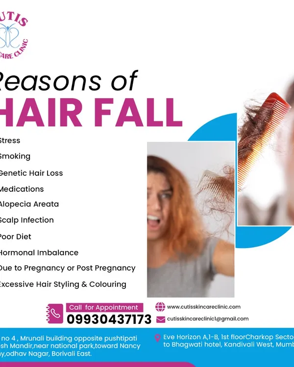 An educational graphic listing the common reasons for hair fall. We cover factors like stress, genetics, hormonal imbalance, and scalp infections to help patients identify potential causes before seeking a personalized treatment plan at our clinic.