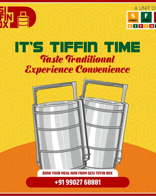It's Tiffin Time! This graphic represents the core of my service: combining traditional taste with modern convenience, delivered in the classic tiffin style.