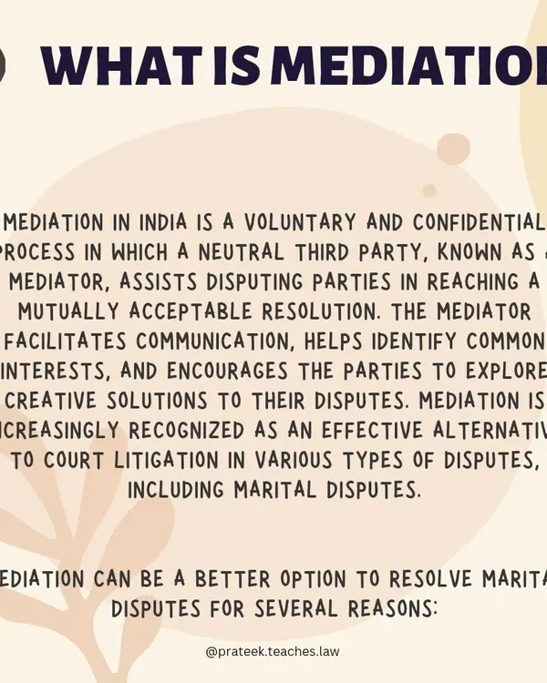 Mediation is a voluntary and confidential process where a neutral third party helps disputing parties reach a mutually acceptable resolution, often used in marital disputes.