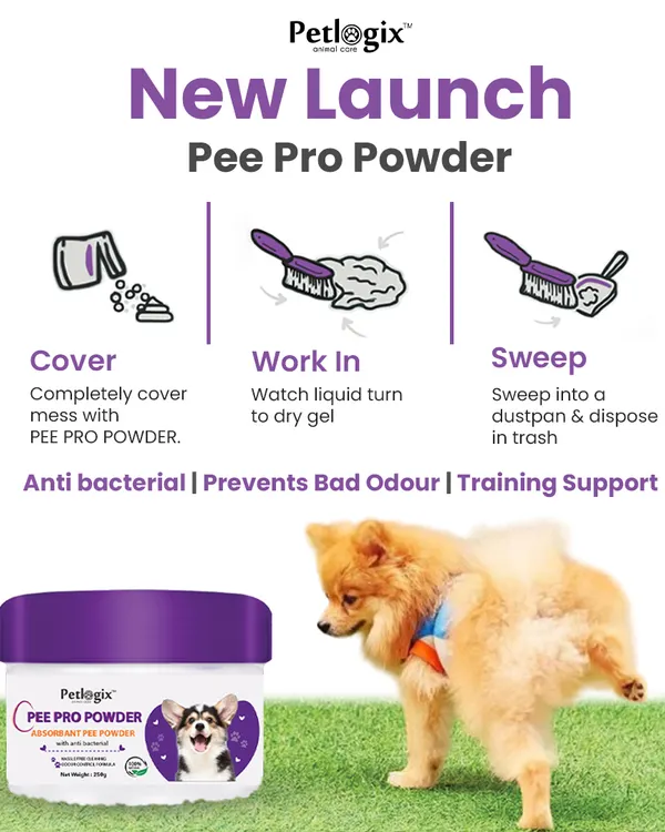 This infographic explains how my Pee Pro Powder works in three simple steps: cover, work in, and sweep. It's an anti-bacterial, odour-preventing powder that makes cleaning up urine accidents completely hassle-free.