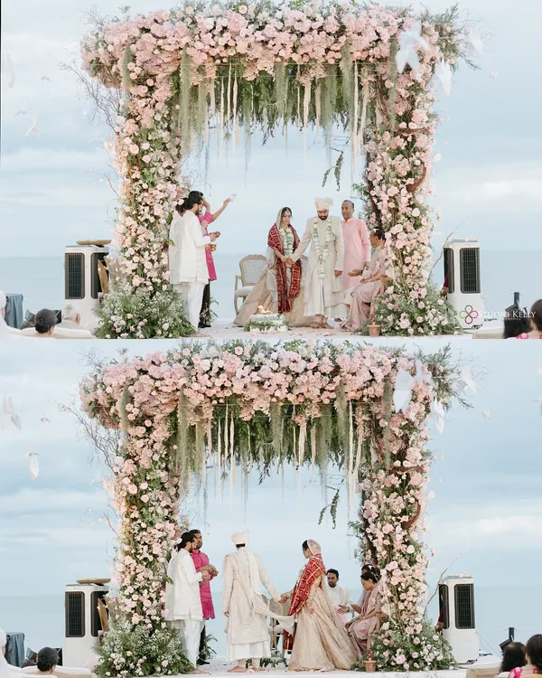 A collage showing the stunning beachside mandap in Thailand, decorated with an abundance of pink and white flowers.