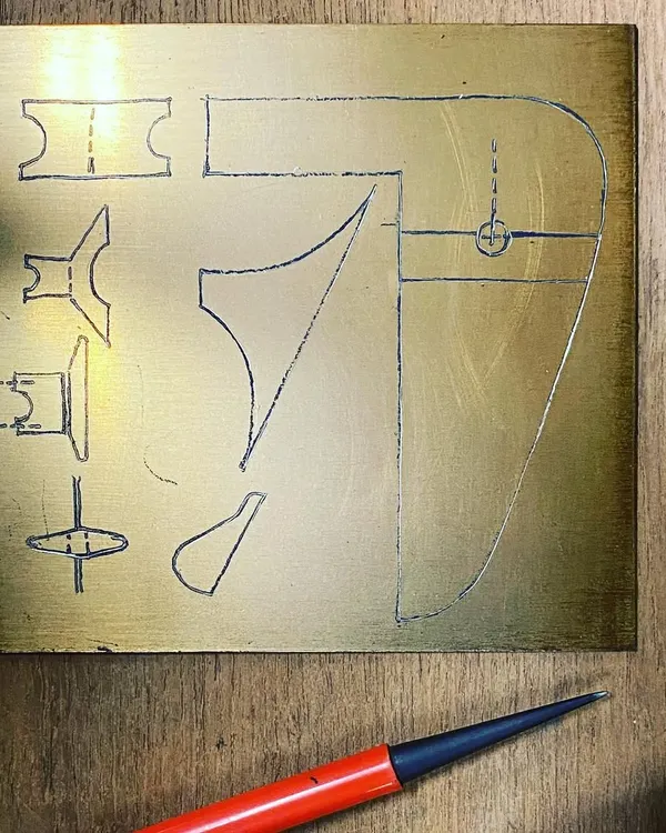 A zinc plate etched with architectural details. This is part of my personal design process, where I use printmaking techniques to study form, line, and section. It is a way of thinking through making.
