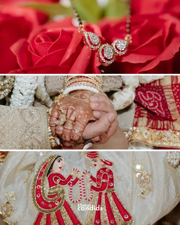 A collage of wedding details: the mangalsutra against a bed of roses, the couple's hands intertwined, and an embroidered bag depicting the wedding. These are the little things that tell a big story.