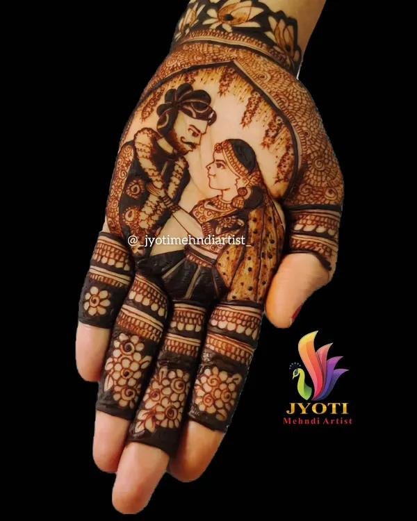 Your story, told through henna. This custom portrait captures the beautiful varmala ceremony, one of the most special moments of a wedding, right on the bride's palm. I specialize in creating these detailed narrative designs.