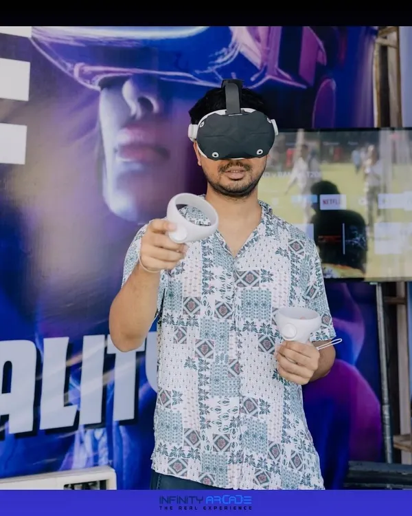 A player gets ready to enter the virtual world. With a VR headset and controllers, you have complete freedom to interact with the game, making for a truly immersive experience.