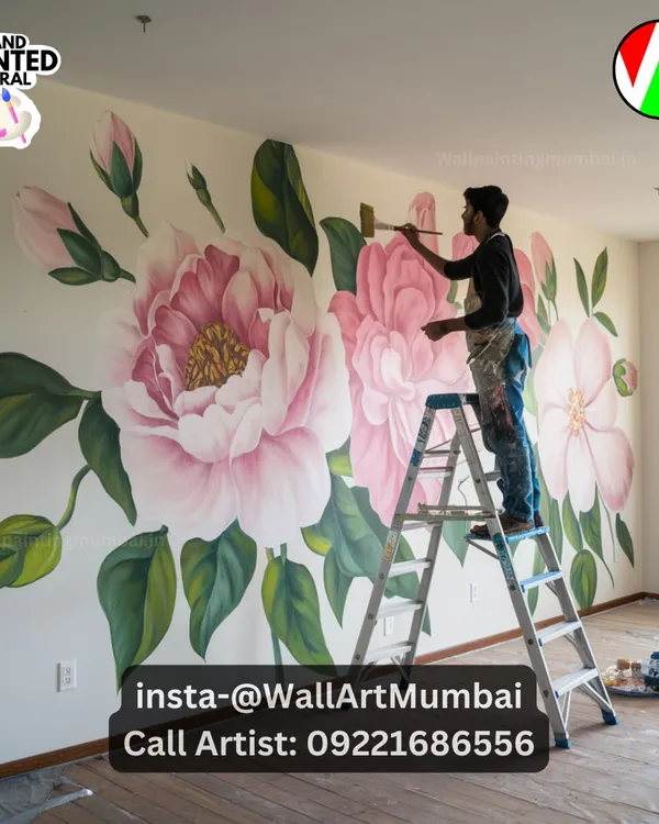 Pink flowers ki wall painting mein main bade petals aur leaves ke saath artist ko detailing karte hue dikhata hoon.
