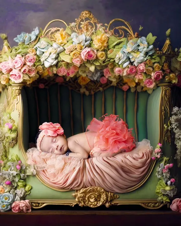 A truly magical setup featuring a newborn sleeping on an ornate, flower-covered miniature bed. This is a great example of a fairytale theme.