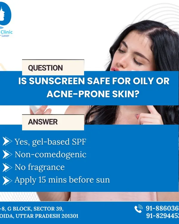 This graphic answers a common question: Is sunscreen safe for oily or acne prone skin? The answer is yes, provided you use a gel based, non comedogenic formula.