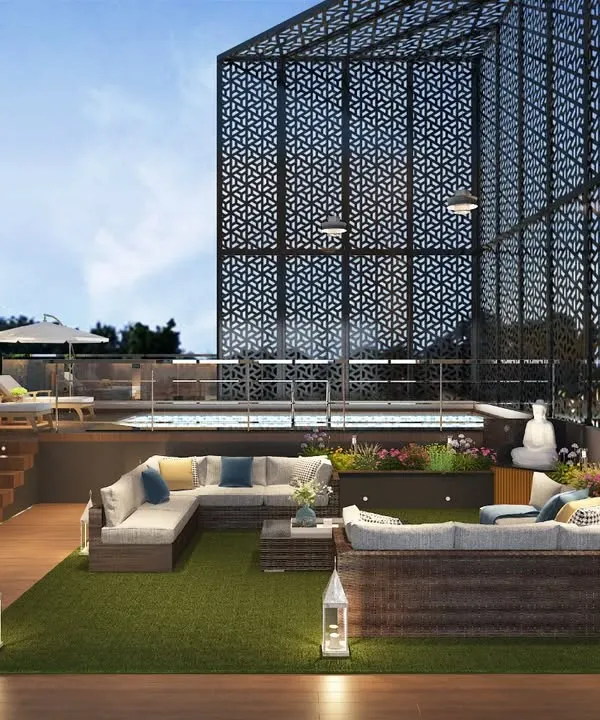 A view of the exclusive rooftop terrace and pool we designed for the TATA Executive Floor in Gurgaon. This space was conceived as a private urban oasis, featuring a temperature-controlled pool, custom laser-cut privacy screens, and integrated green walls for a seamless blend of luxury and nature.
