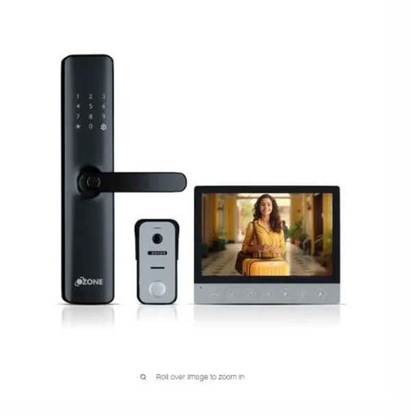 This product shot showcases the complete Ozone IRIS-11 system. It includes the smart digital door lock, the external video doorbell, and the internal monitor that lets you see and communicate with visitors.