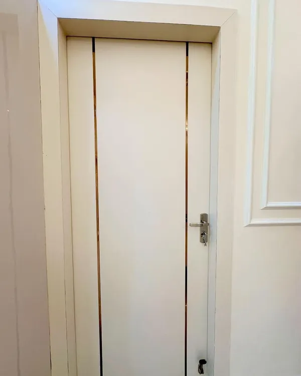 A simple and elegant door design with two vertical gold T-profile inlays. This minimalist approach adds a touch of class to any room.