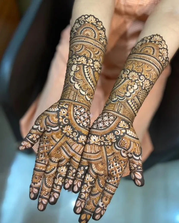 A stunningly detailed bridal mehendi with a mix of floral, paisley, and geometric patterns. The fine linework and shading create a design with incredible depth.