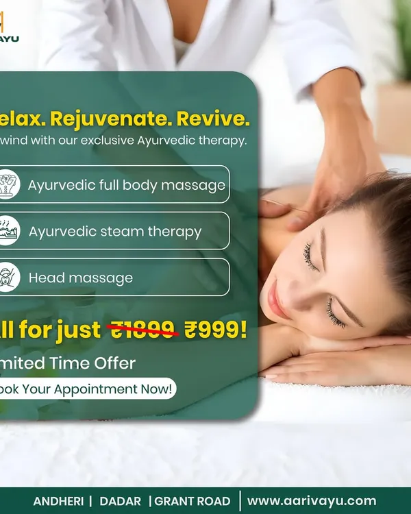 Unwind with our exclusive therapy package. For a limited time, enjoy a full Ayurvedic body massage, steam therapy, and a relaxing head massage for just ₹999. It's the perfect way to de-stress and rejuvenate.