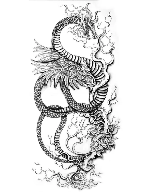 A full sleeve concept for a tattoo, featuring a hybrid dragon and snake creature. I design these long-form pieces to wrap around a limb, telling a story that moves with the body.