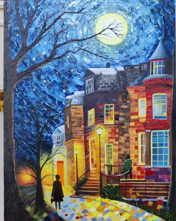 A student's completed masterpiece, this intricate cityscape at night showcases advanced techniques in acrylic painting, including palette knife work for texture and fine brushwork for details. This level of complexity is what we aim for in portfolio pieces.