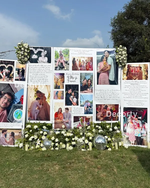 A beautiful memory wall I created for a proposal, featuring a collage of the couple's photos and personal messages. This is a wonderful way to celebrate a shared history while starting a new chapter.