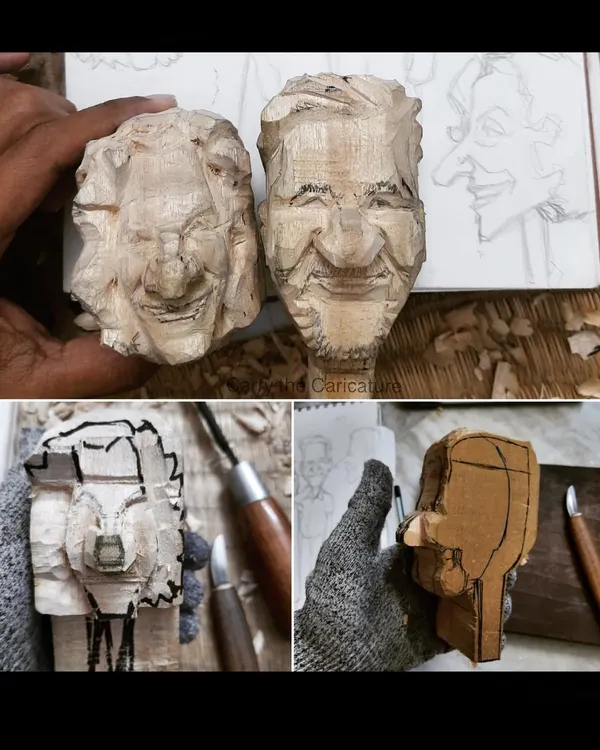 This collage shows the very beginning of my process. I start with a block of wood and hand carve the basic shapes and facial features, slowly revealing the characters' personalities before any paint is applied.