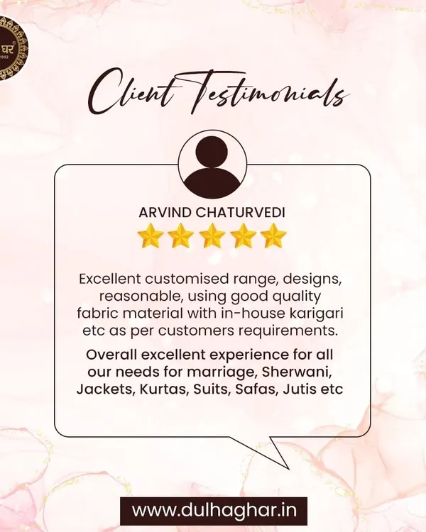 I am honored to receive such wonderful feedback. This testimonial from Arvind Chaturvedi highlights my commitment to customisation, quality, and providing an excellent experience for every client's wedding needs.