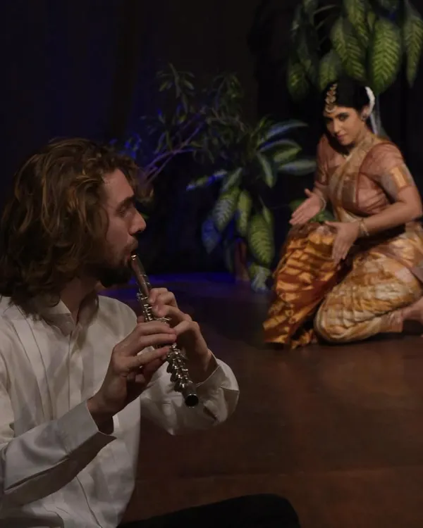 A moment from my collaboration with a Western flautist, where we explored Debussy's 'Afternoon of a Faun'. I drew inspiration from the legendary dancer Vaslav Nijinsky's revolutionary ballet to create a fusion of Bharatanatyam and Western modern dance concepts.
