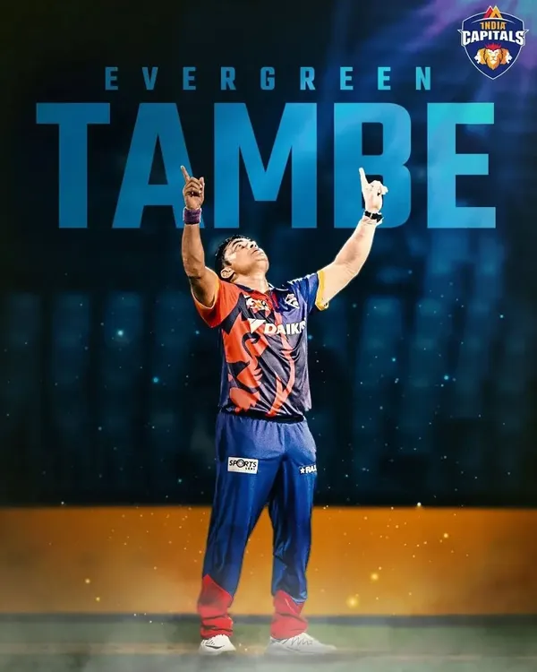 This graphic, "Evergreen Tambe," celebrates the timeless spirit and skill of our founder, Pravin Tambe, a true inspiration for cricketers of all ages.
